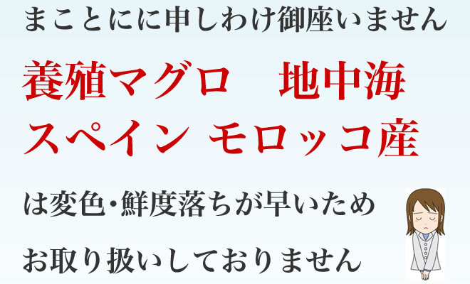 まぐろのみやこは地中海スペイン・モロッコ産産養殖本マグロは変色及び鮮度落ちが早いためお取り扱い致しておりません